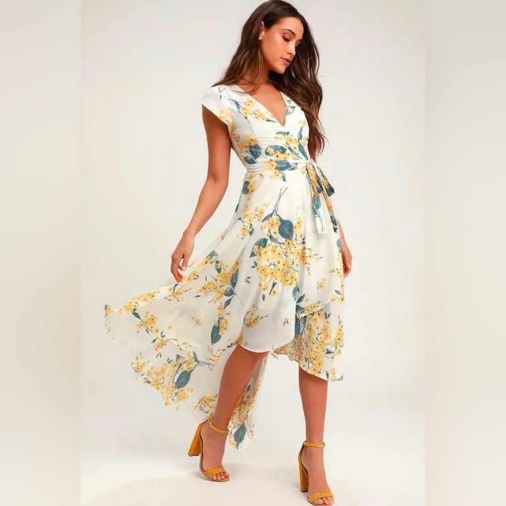 Lulu's White Floral High-Low Wrap Dress with Yellow & Teal Print